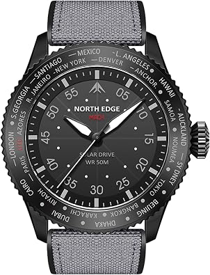 NORTH EDGE Mens Solar Pilot Watch - Quartz Movement, Mineral Glass, Lightweight & Durable Leather Strap, Model MACH