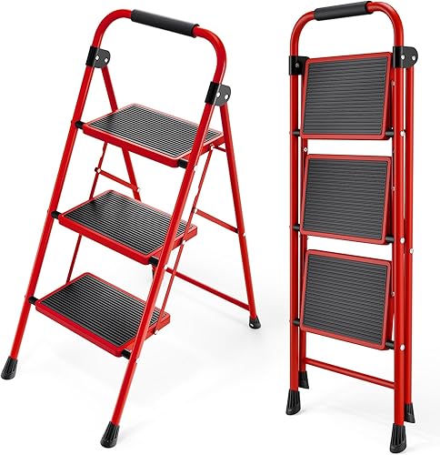 KINGRACK Escalera plegable de 3 escalones, escalera de 3 peldaños con pedal antideslizante y ancho, escalera plegable portátil con asa, escalera
