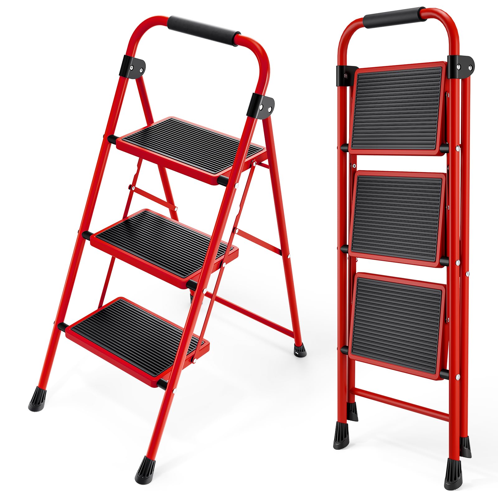 KINGRACK Step Ladder, 3 Step Ladder with with Anti-Slip and Wide Pedal,Portable Foldable Step Stool with Handgrip,Tall Sturdy Step Ladder for Home Kitchen Household,RedGlobal Recycled StandardGlobal Recycled StandardGlobal Recycled Standard