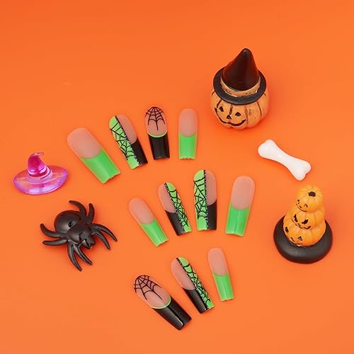 Miniatura 4 de Gold Finger - 24 uñas postizas de Halloween, uñas postizas largas cuadradas a presión, pegamento en uñas espeluznantes fantasma, araña, calabaza,