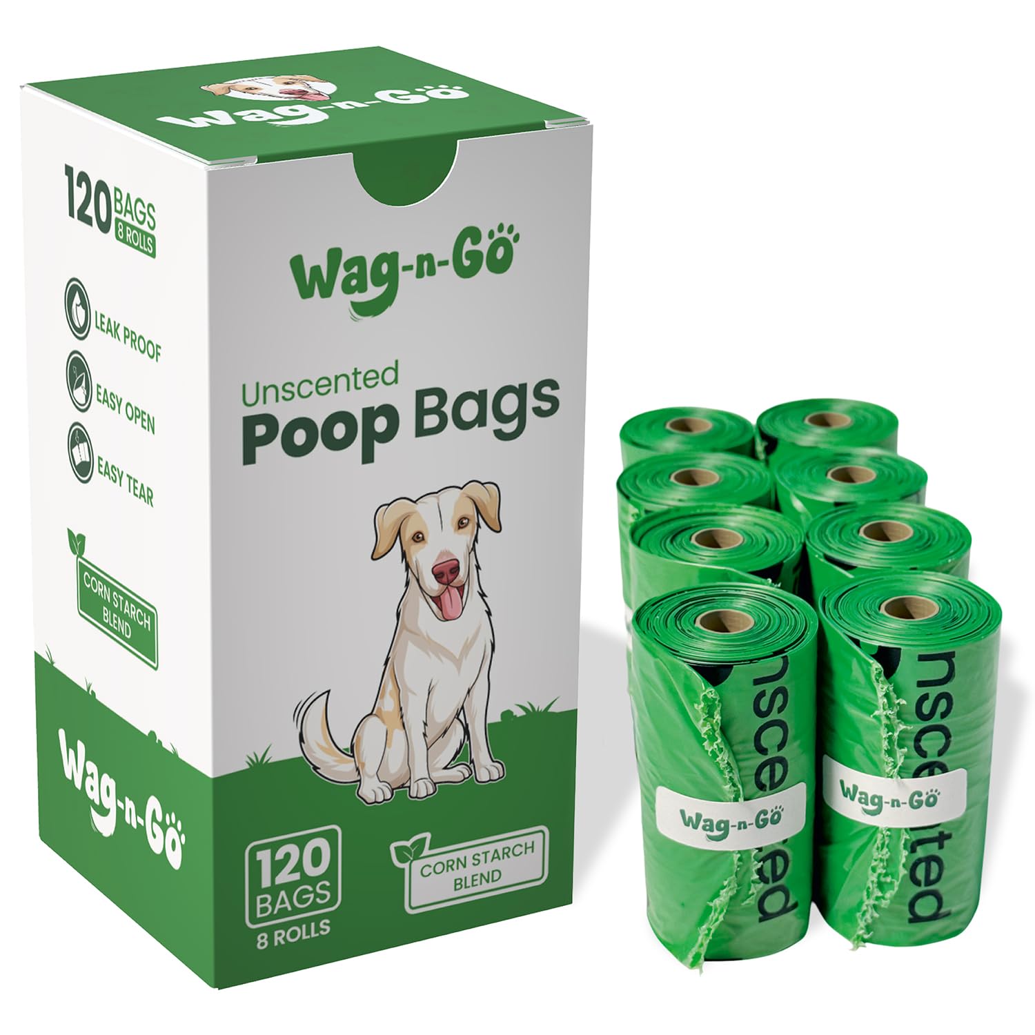 Hundekotbeutel, 100 % auslaufsicher und extra dick, Nachfüllrollen für Hundekotbeutel, geruchlos, Maisstärke-Mischung, 120 Stück (8 Rollen)