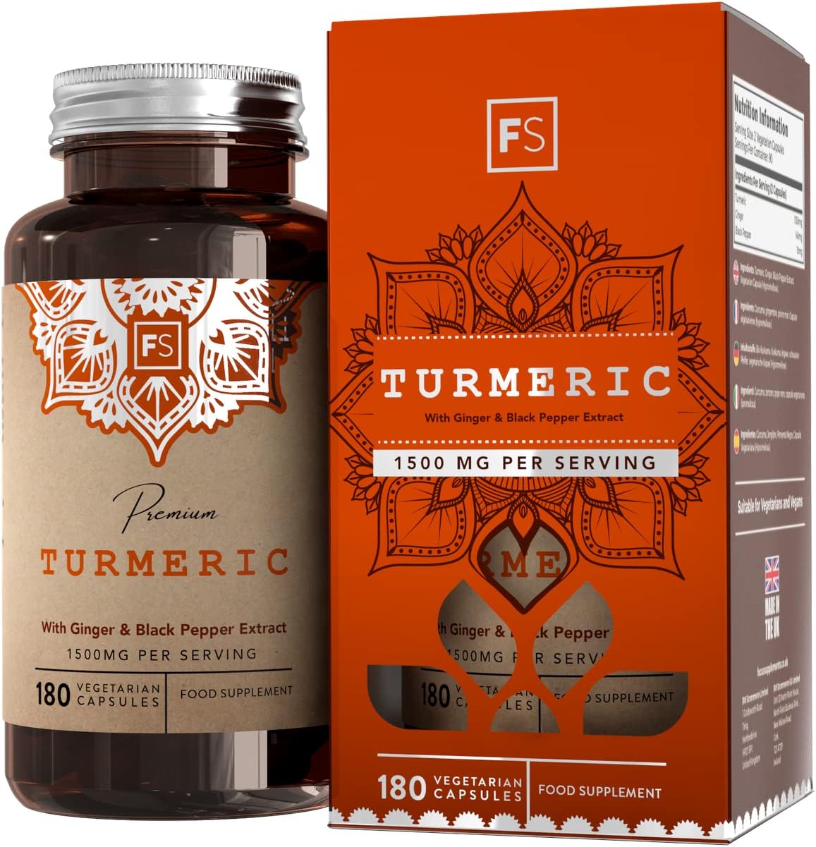 FS  Turmeric  | 180  Turmeric  and Black Pepper Capsules - 1350mg  Turmeric  10mg Black Pepper & 140mg Ginger per Serving | High Strength  Curcumin  Supplements | Non-GMO, Gluten & Dairy Free | Made in the UK