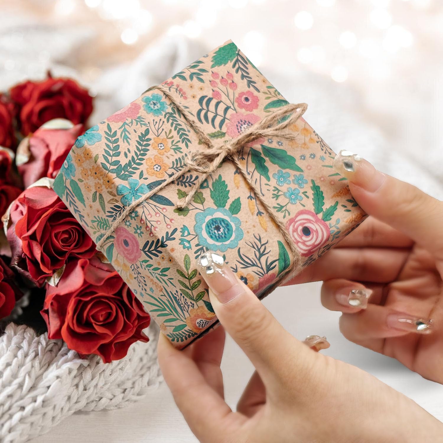 VCOOHM Rotolo di carta da regalo in carta kraft, 43 cm x 5 m, elegante design floreale da giardino, per compleanni, matrimoni, baby shower, addio al nubilato e molto altro ancora