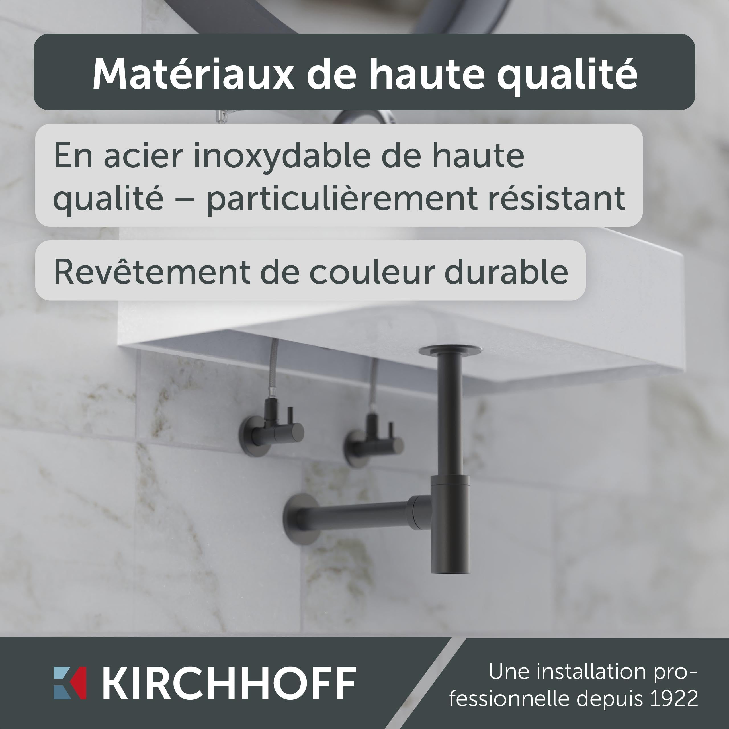 Kirchhoff Bonde de Lavabo Universelle Graphite Mat, Siphon | Laiton massif enduit, raccord 11⁄4", kit avec rosace murale, joint bonde et bouchon lavabo universel, ouverture de nettoyage