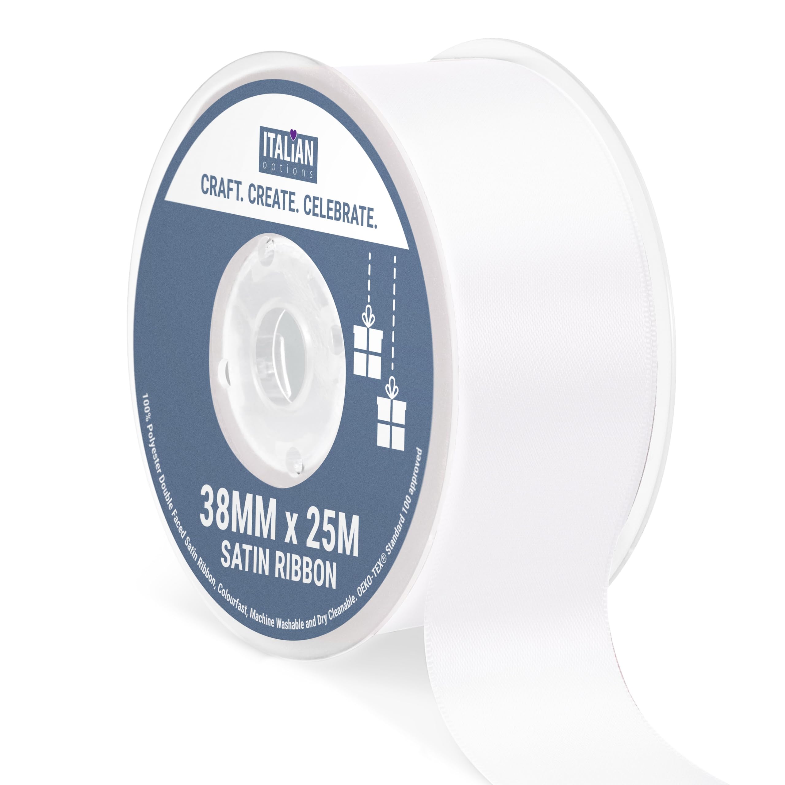 Italian Options Satin Ribbon, Fabric Ribbons for Gift Wrapping, Crafting, Balloons, Wedding Car, Presents, Cake, Christmas, Birthday, Gift Wrap Accessories, 38mm Wide x 25 Metre Roll, White