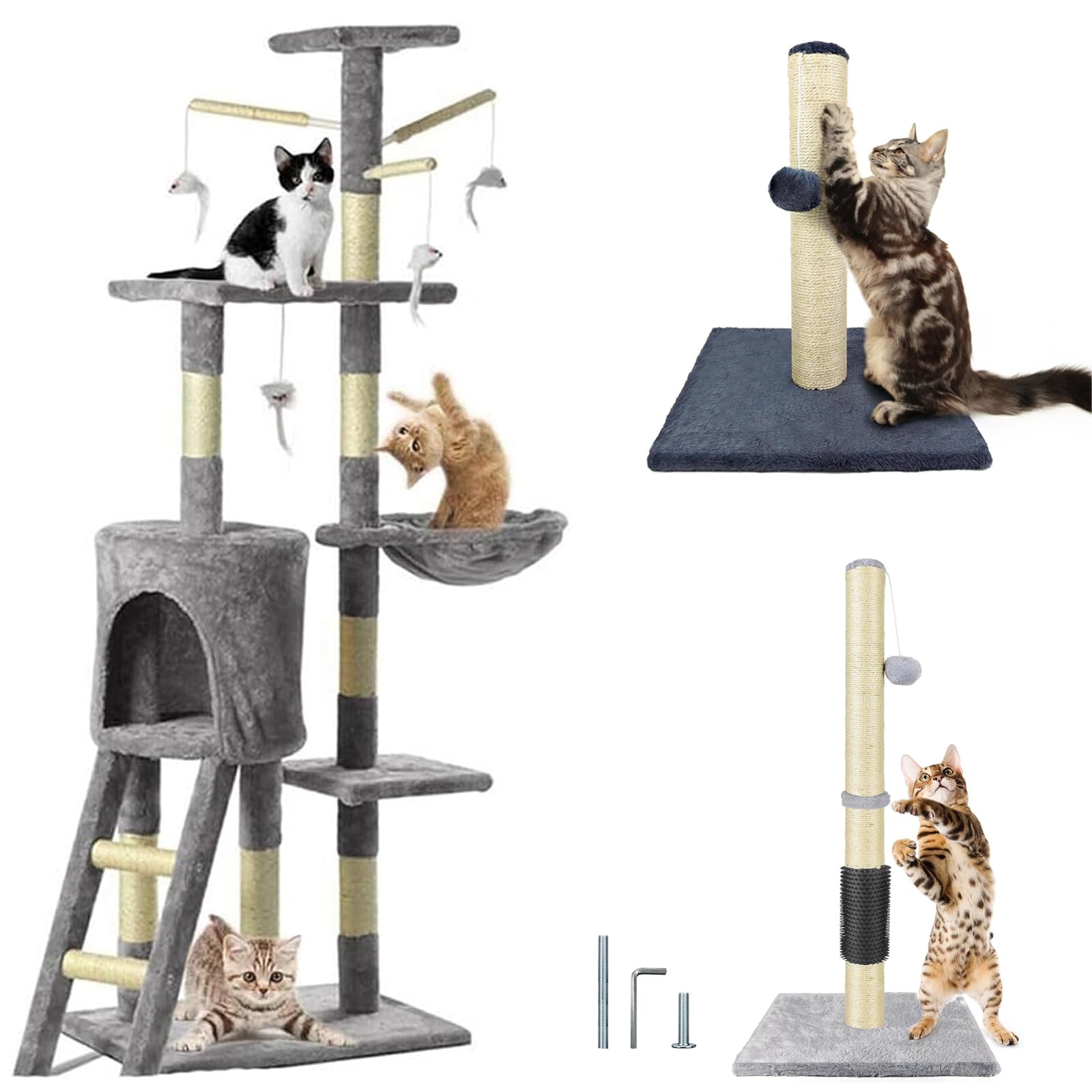 139cm Large Cat Tree Tower Scratching Posts for Indoor Cats Multilevel Cat Climbing House with Condos & Ladder Pet Activity Centre Tall Cat Stands for Kitten Climbing, Playing, Relaxing, Grey