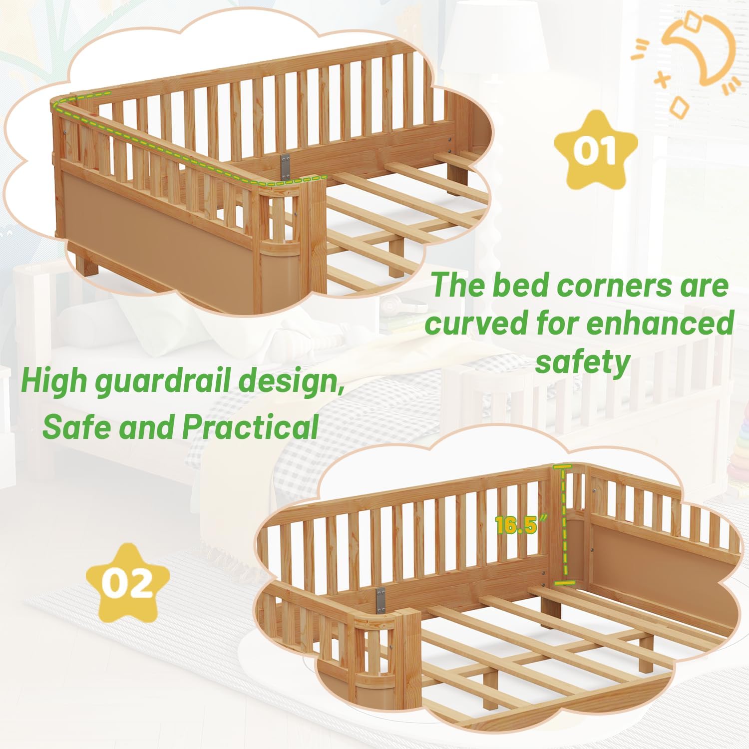 Twin Size Kids Bed Frame, Low Profile Montessori Twin Bed with Rails, Wood Daybed for Girls & Boys, No Spring Box Required, No Squeaks, Natural
