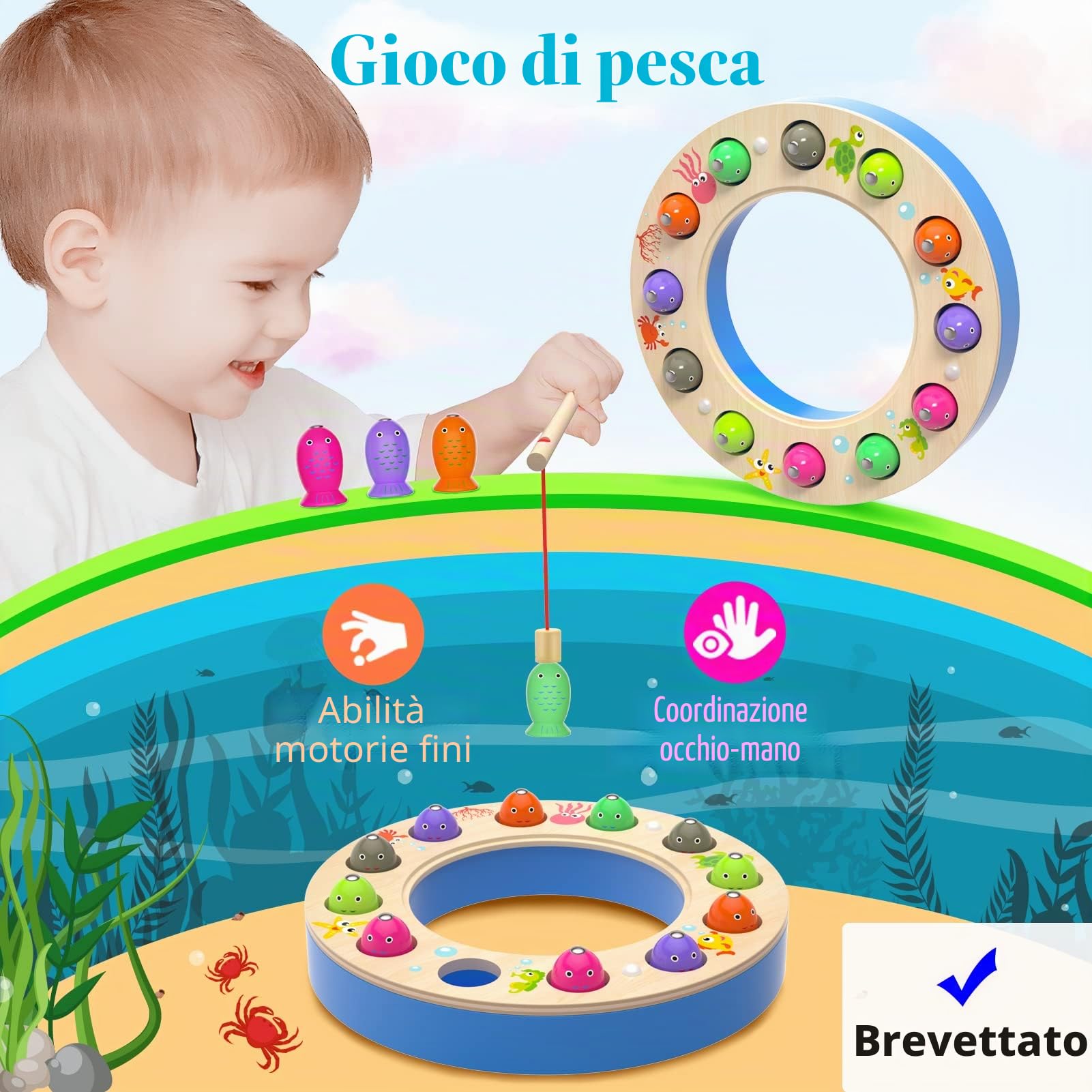 Uping Giochi Montessori Giocattolo di Legno Gioco di Pesca Magnetico Giochi Bambino 3 Anni e più Giocattoli Bambino Educativi Regalo Ragazzi Ragazze