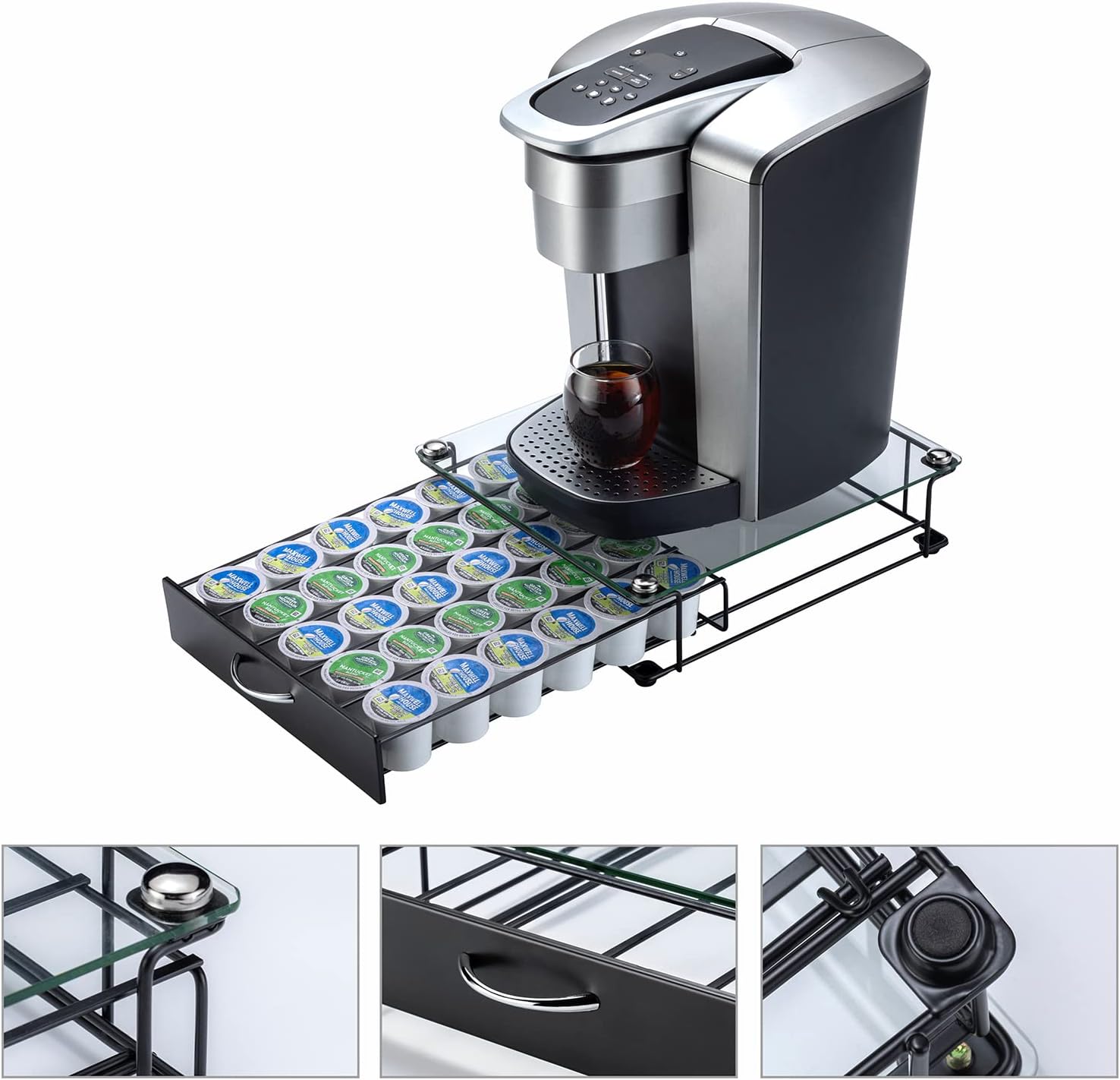 K cup holder Drawer with Glass Top,Storage Coffee Capsules Organizer Compatible k-cup （30pods）