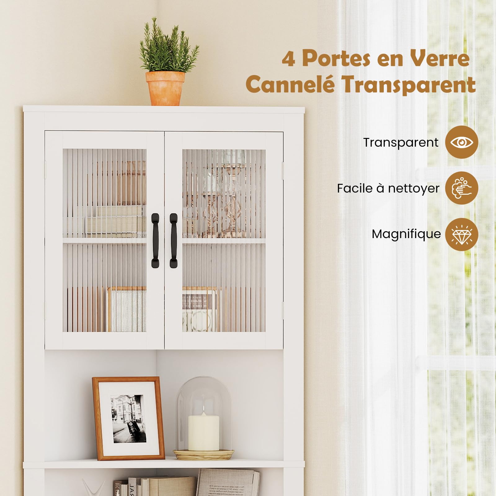 GOPLUS Armoire d'Angle de 171 CM de Haut,Meuble de Rangement à 6 Niveaux avec 4 Portes en Verre, Étagères Réglables sur 3 Niveaux, Charge 60KGpour Salle de Bain, Salon, Cuisine, 66 x 35 x 171 cm Blanc