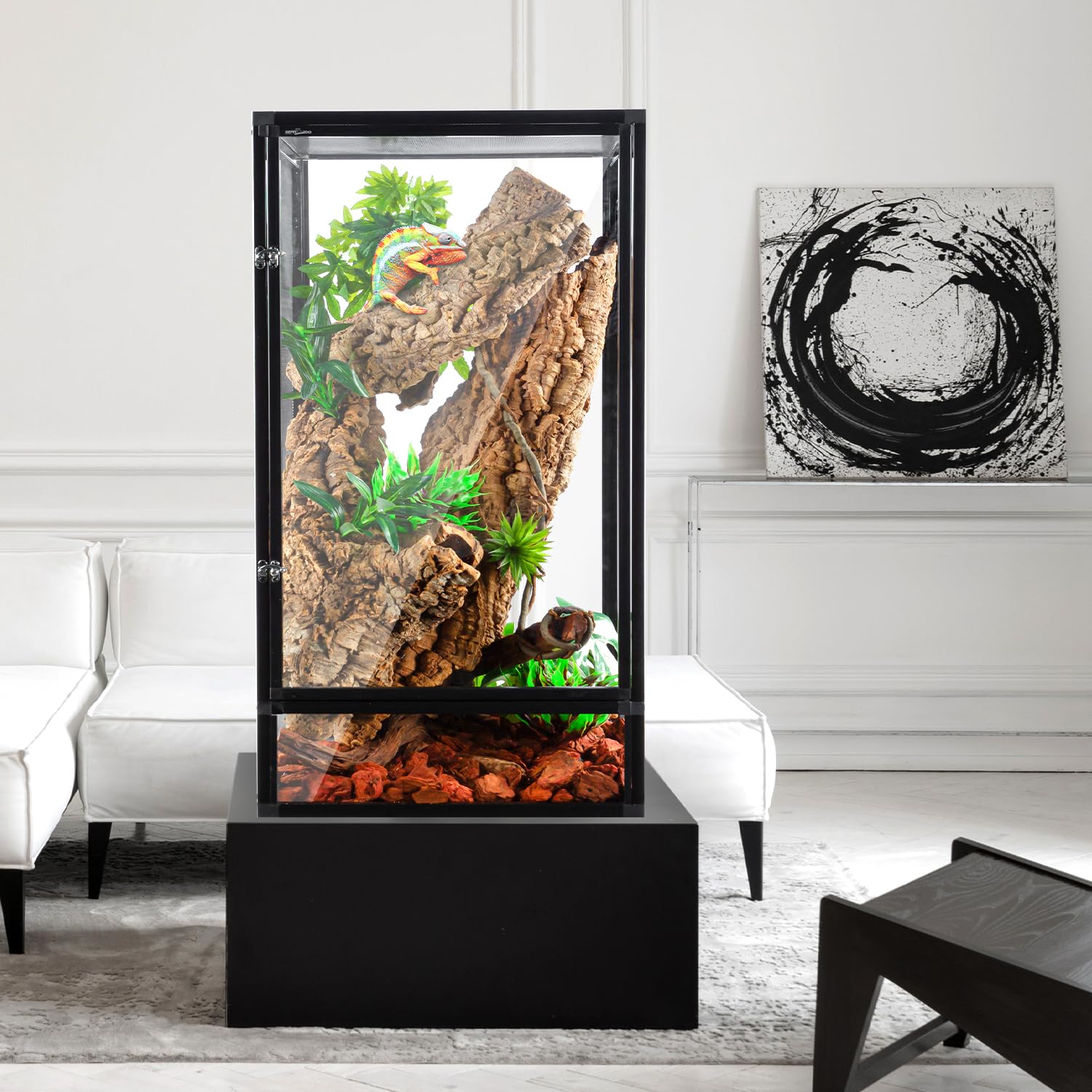 REPTI ZOO Jaula de camaleón de apertura frontal de 18 x 18 x 35 pulgadas con malla de metal de 3 lados, terrario vertical de pantalla de 48 galones con calcomanía de fondo, recinto alto para camaleón,