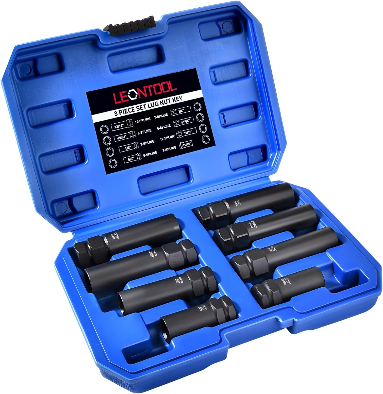 Spline Lug Nut Socket Set, 8 Piece SAE and Metric Locking Lug Nut Removal Tool, Wheel Lock Removal Kit for Removing Spline and Hex Style Aftermarket Wheel Lugs Nuts, CR-MO Steel