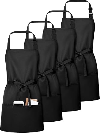 4 Pack Black Apron with 3 Pockets for Women Men Adjustable Neck Strap Bib Short Aprals for Waitress Chef Coffee