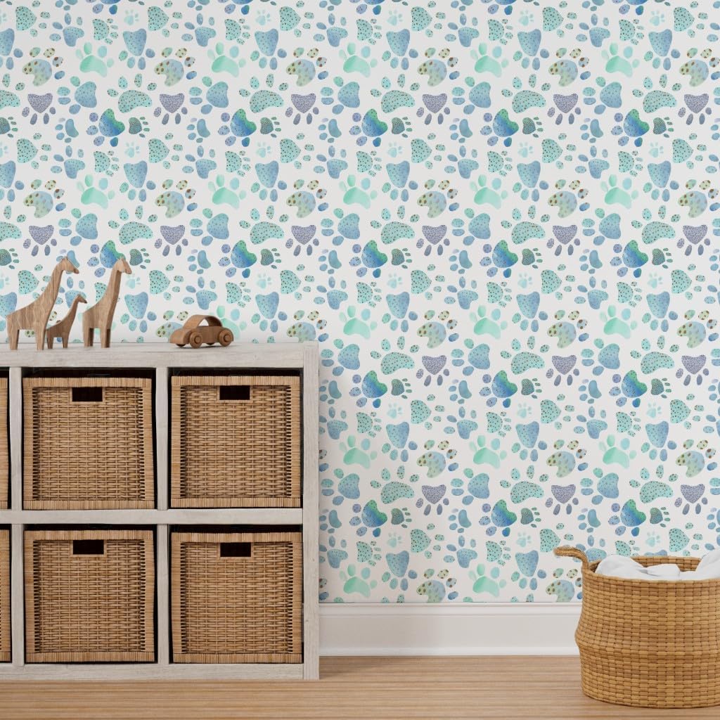 Peel & Stick Wallpaper 3ft x 2ft - Paw Prints Blue Dogs Puppy Watercolor Custom Removable Wallpaper by Spoonflower