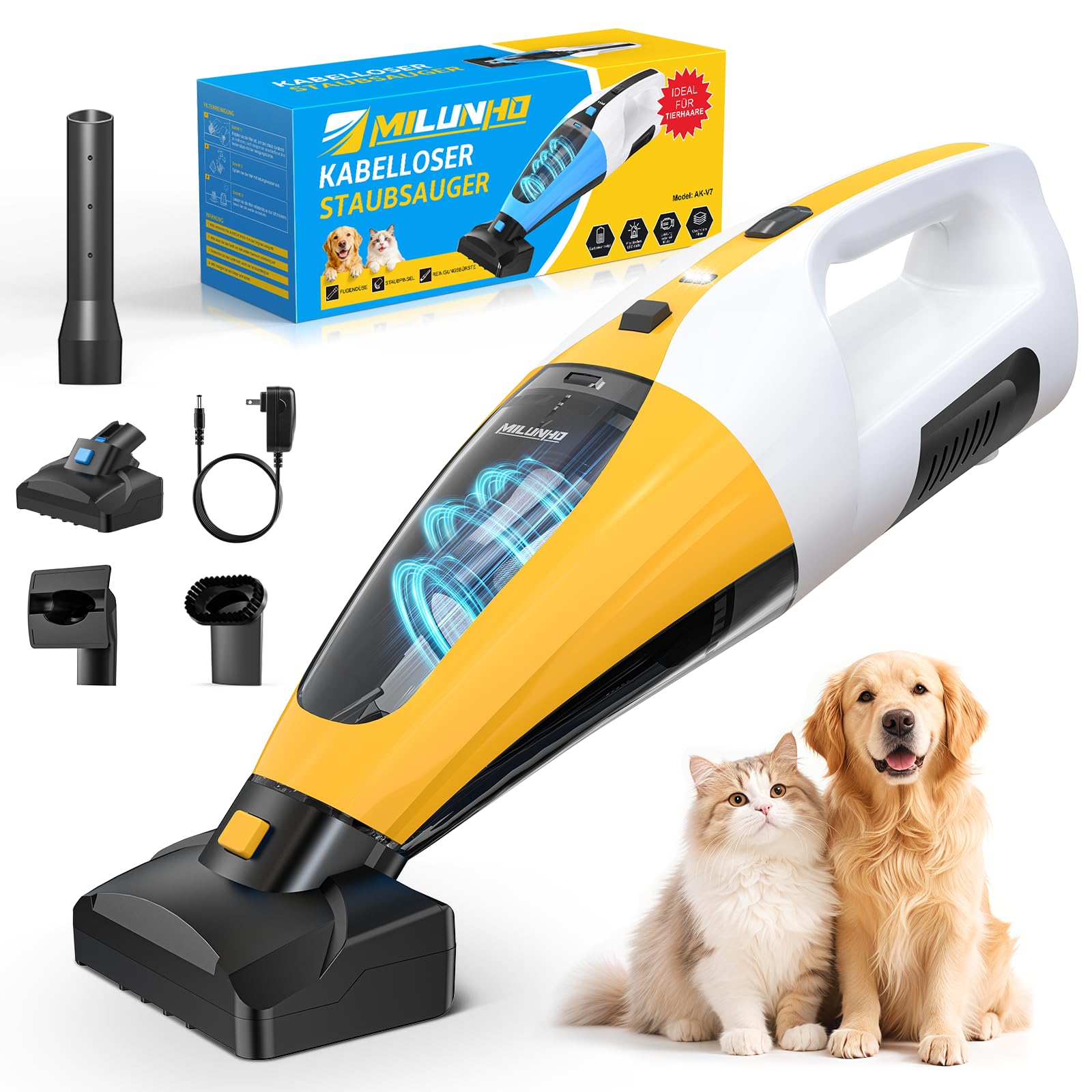 Kabelloser Tierhaar Handstaubsauger mit Doppelmotor, HEPA Filter | Anti-Haar-Verwicklung Bürstenrolle, Elektrobürste und Haustier Zubehör für Hundehaare, Katzenhaare, Sofa & Auto