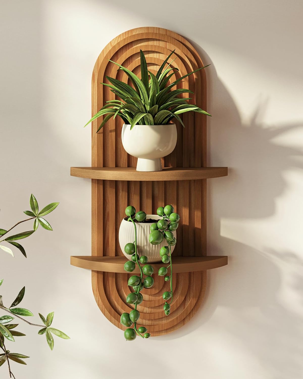Bamworld Boho 2-Tier Plant Wall Shelf - Mid Century Modern Wooden Floating Shelves for Bedroom, Living Room, Bathroom