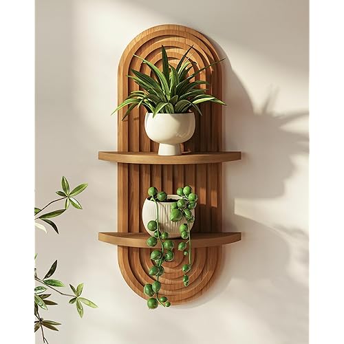 Bamworld Boho Wall Decor Brown Plant Wall Shelf, Mid Century Modern Decor Hanging Plant Shelf, 2-Tier Wooden Floating Shelves for Home, Bathroom Bedroom Living Room, Office Holding Planter Decoration