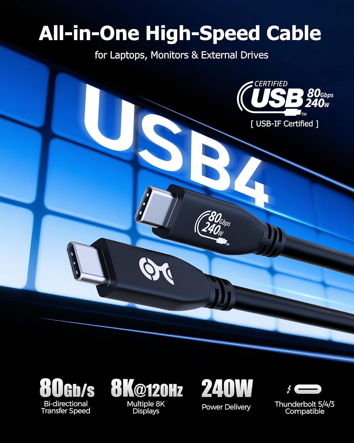 Cable Matters [USB-IF Certified] 80Gbps USB 4 Cable - 4.9ft, Supports Up to [8K@120Hz / 4K@480Hz Video, 240W Charging, 80Gbps Data Transfer] USB4 Cable, Compatible with Thunderbolt 5/4, MacBook - Image 3