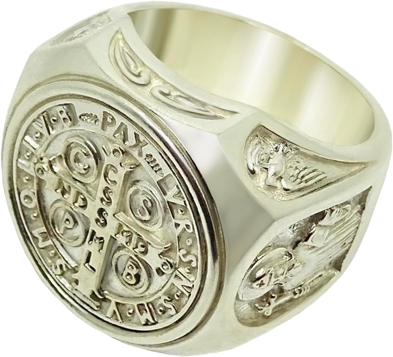 Saint Benedict Cross Shiny Finish Silver 925 Catholic Men's Ring