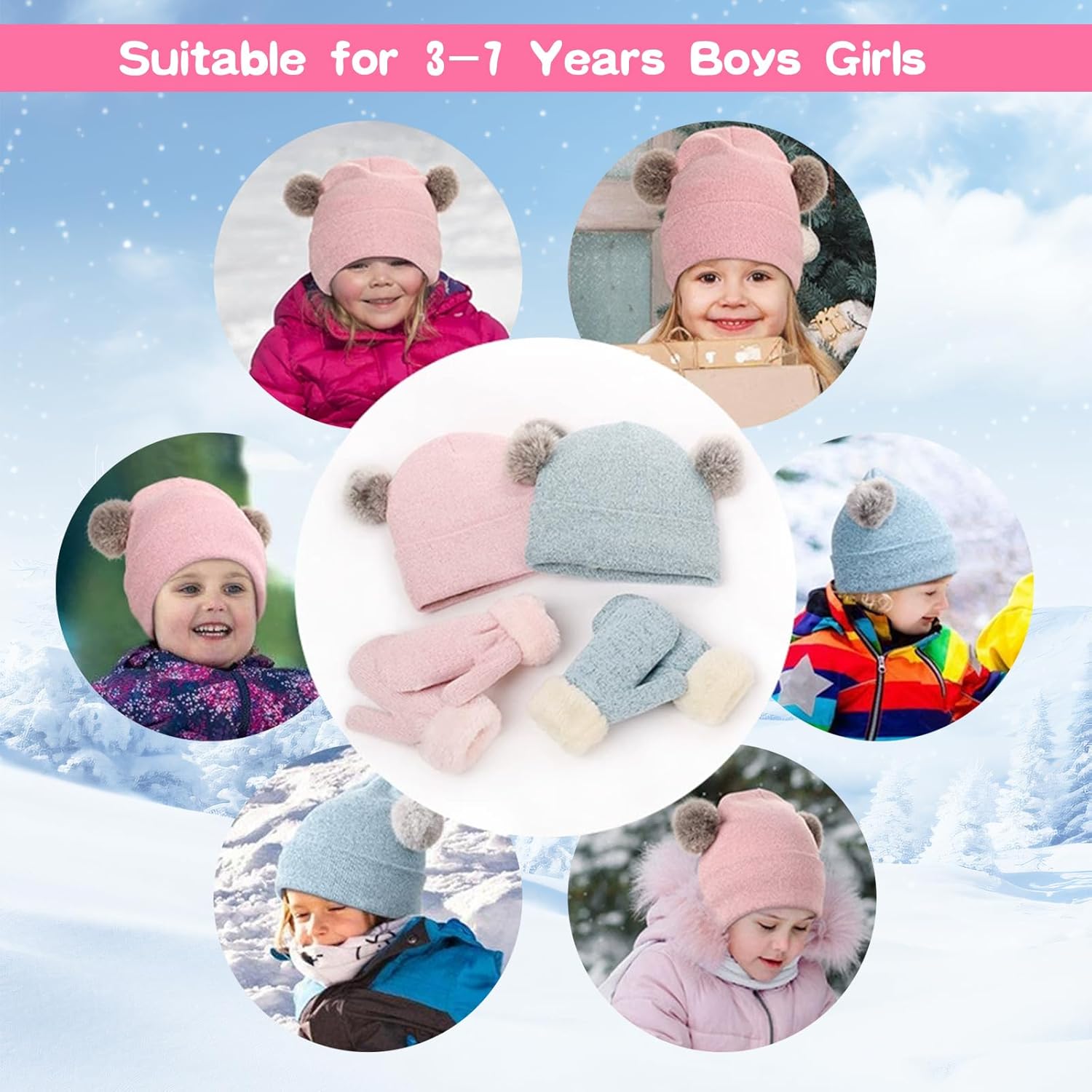 Kid Beanie Hat Scarf Gloves Set Warm Knit Beanie with Pom Poms Neck Warmer Mittens for Boys Girls 3-7 Years - Image 6