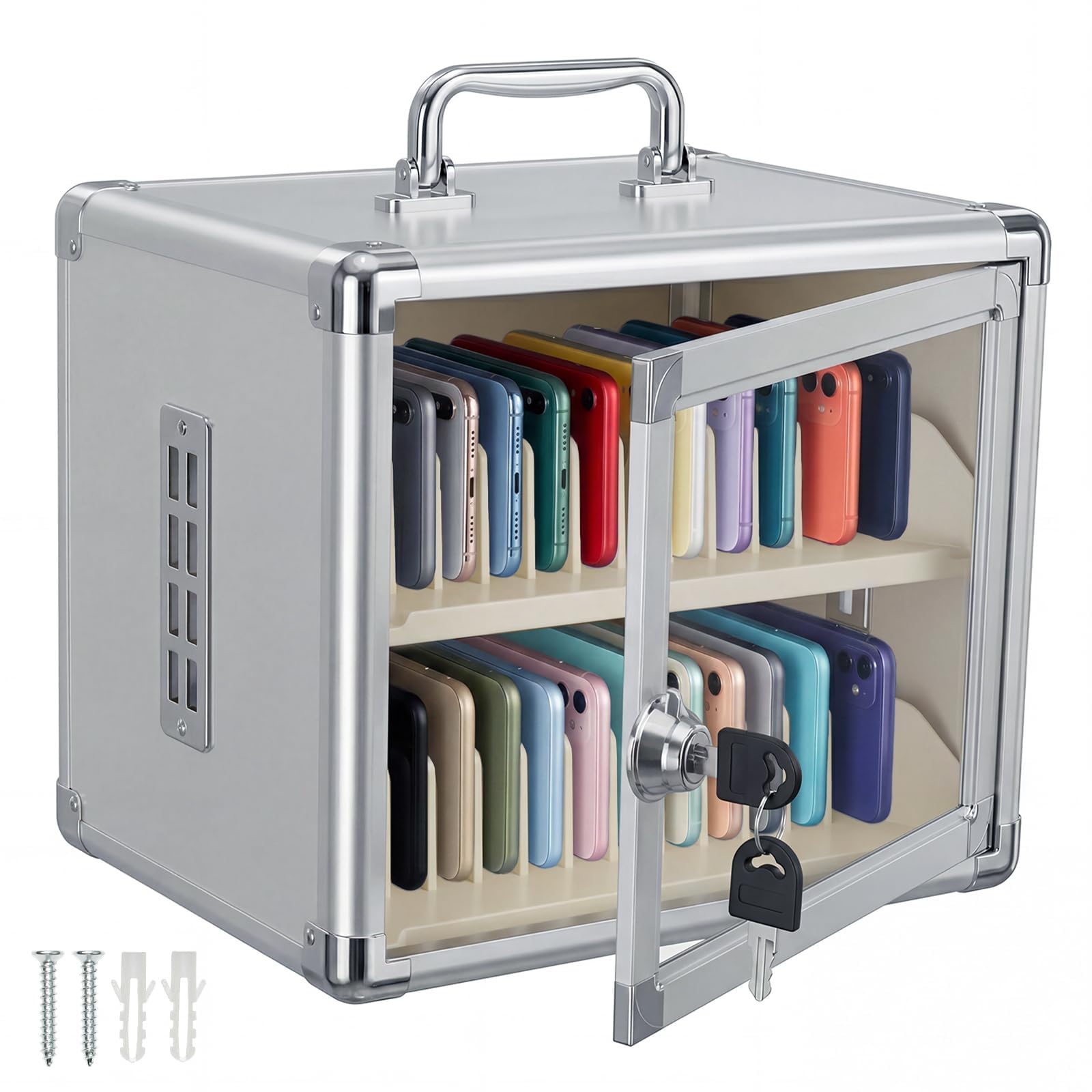 WUDLEP Mobile Phone Locker Box, 24 Slots Lockable Cabinet with Vent Holes