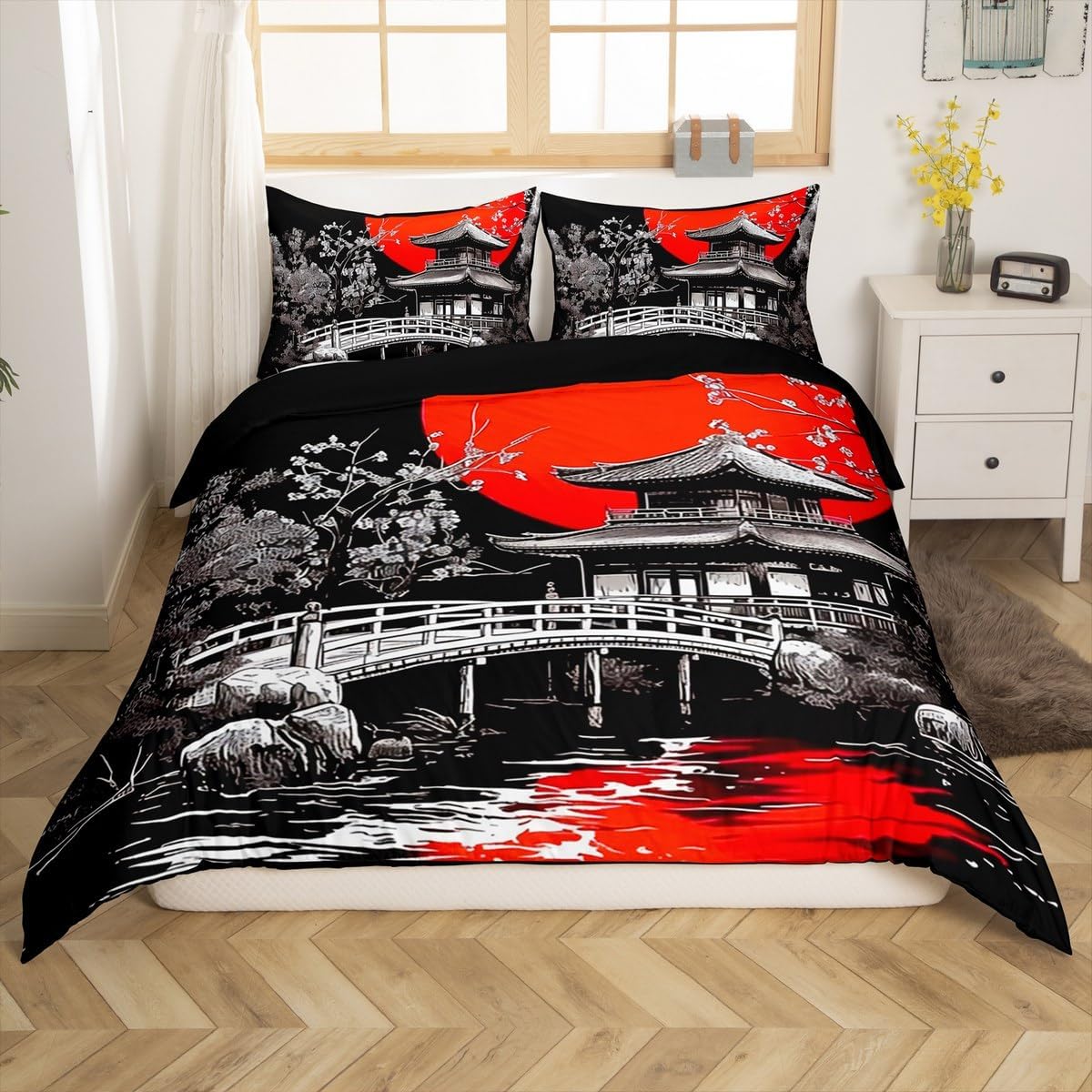 jejeloiu Boys Girls Cherry Comforter Cover Toddler Size, Ink Painting Style Bedding Set Mount Fuji Duvet Cover Kids Teens Bedroom Decor Bed Set with 1 Pillow Case (No Comforter)