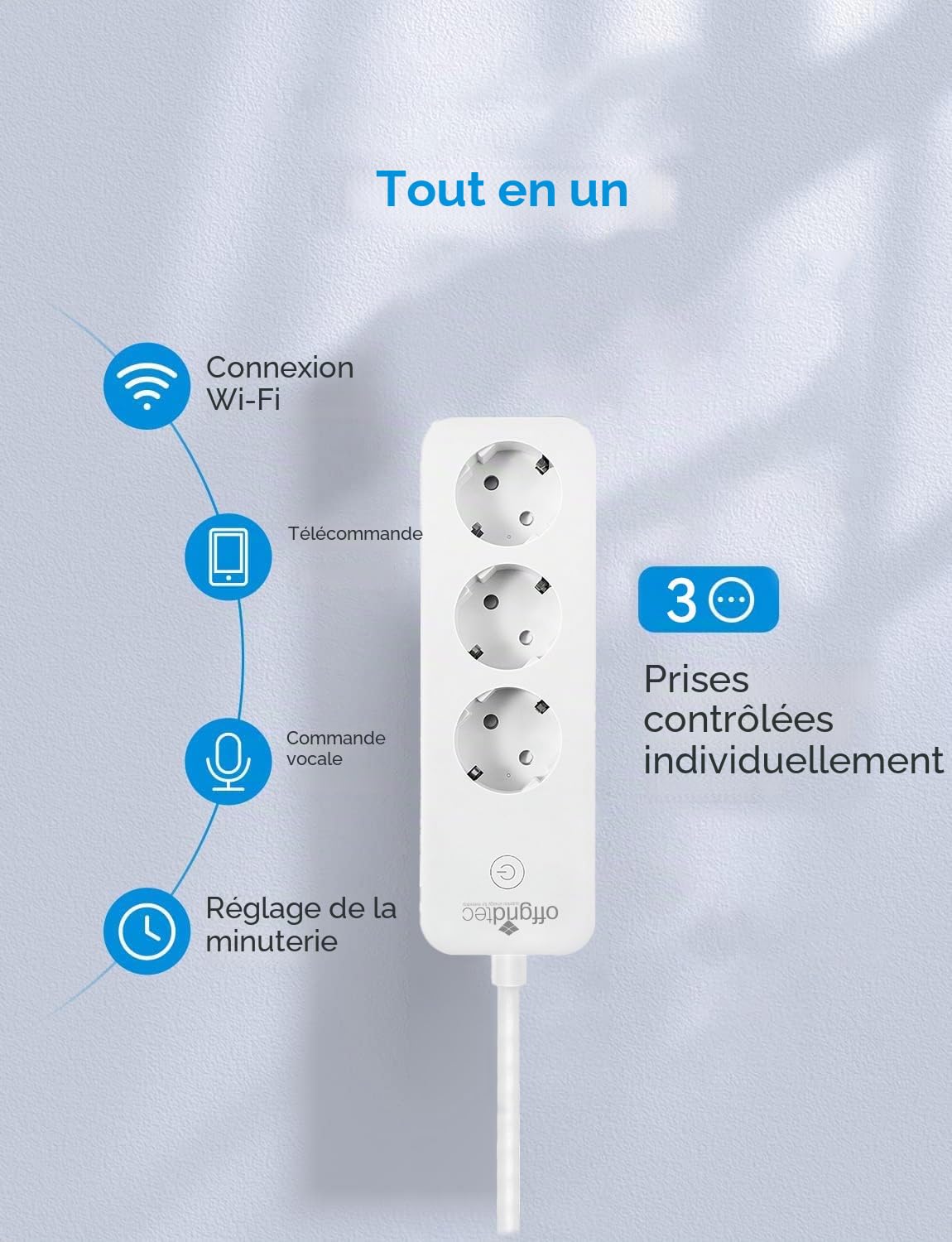 Offgridtec multiprise WiFi Intelligente 3 Prises, contrôle Via appli Smart Life/Tuya, Suivi énergie Temps réel, minuterie et scènes, Compatible Alexa/Google Home, 16A/3520W, câble 1,8 m, 2 pièce