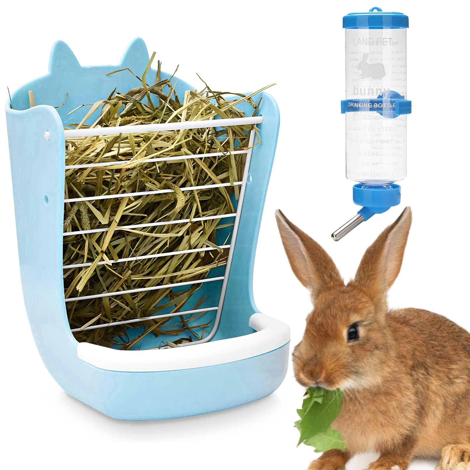 Kathson Heu-Futterstation Für Kaninchen – Mit Wasserspender (125 Ml), Blau