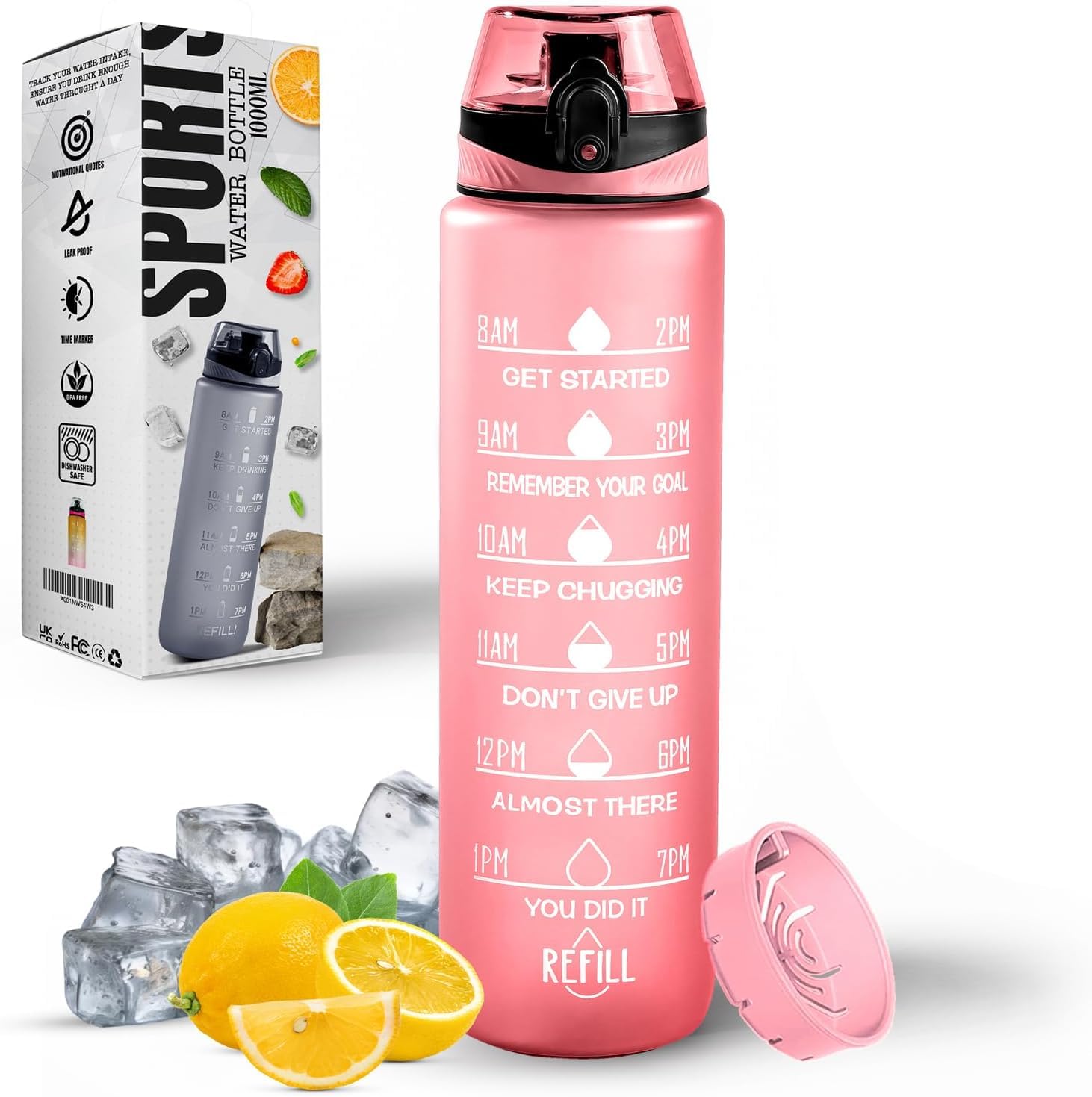 Roe Tenpo Water Bottle 1L, Sports Water Bottle with Time Markings, BPA-Free, Leak-Proof Drinks Bottle, Perfect for Running, Cycling, Gym, Yoga, Camping and Outdoor Activities, Pink