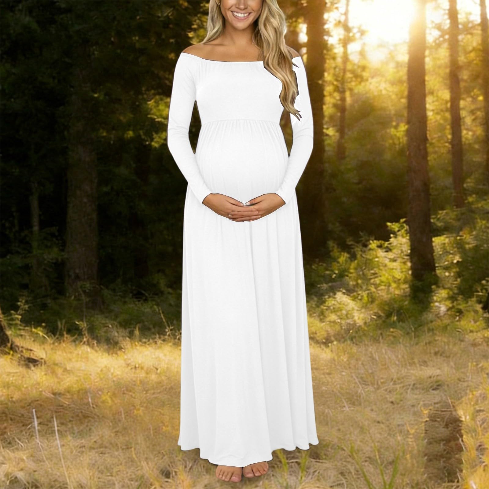 Generisch 2026 Elegantes Umstandskleid für Fotoshootings mit schulterfreiem Ausschnitt Langen Ärmeln für eine schlanke Passform (bodenlang) (White XXL)