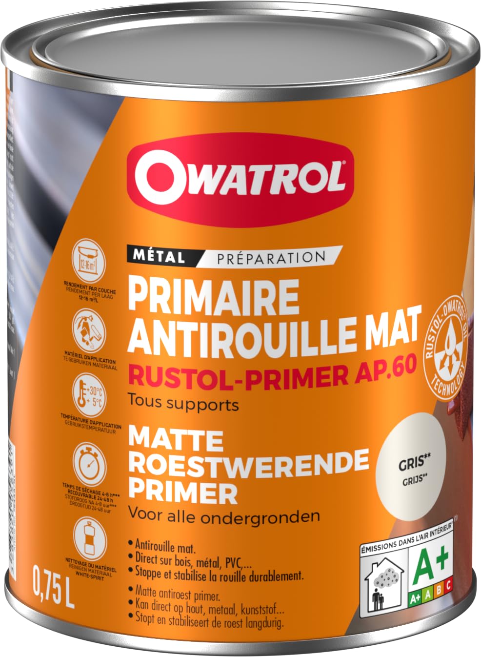 Rustol Primer AP.60 - Primaire mat antirouille - Owatrol - 0,75 L Gris