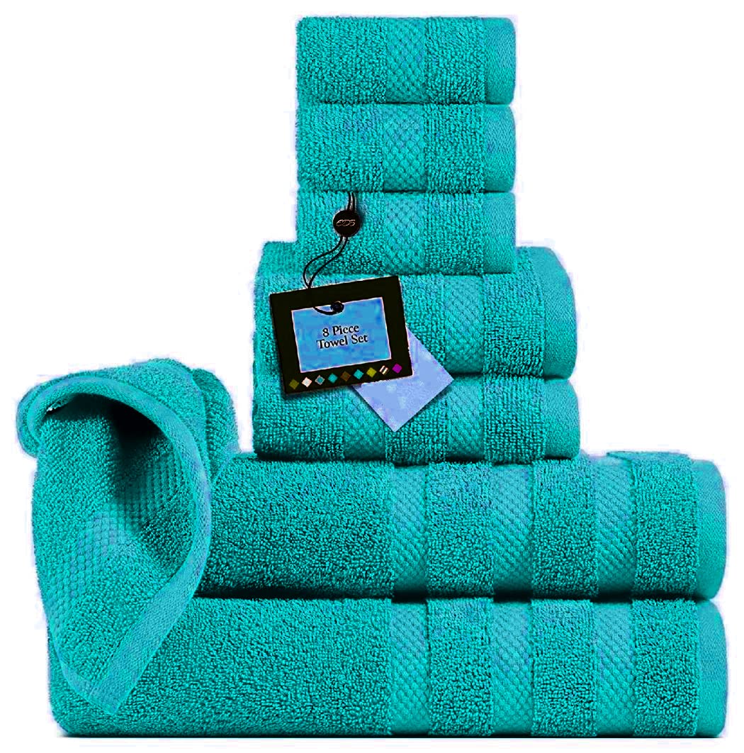 8 Piece Luxury Towels Bale Set 100% Pure Egyptian Cotton Face Cloth Hand Towel Large Bath Towels Sheets Hotel Quality 600-GSM (Teal/Turquoise)