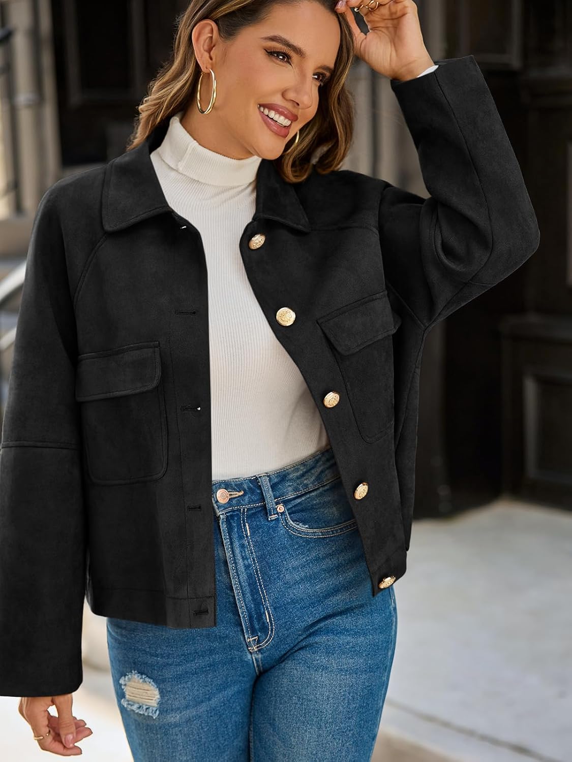 Cicy Bell Womens Faux Suede Leather Jackets Oversized Cropped Casual Lapel Collar Button Down Spring Vintage Shackets - Image 2