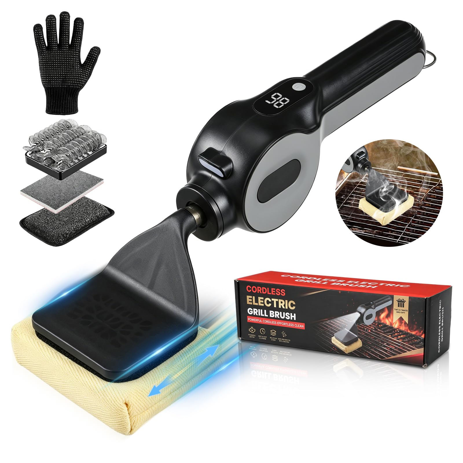 Electric Grill Brush Cordless BBQ Bristle-Free Grill Cleaner with LED Light & Pressure-Activated Speed Control, Max 1100 RPM 4 Heads 200-Min Runtime Grill Scrubber for Gas BBQ Smoker & Charcoal Grills
