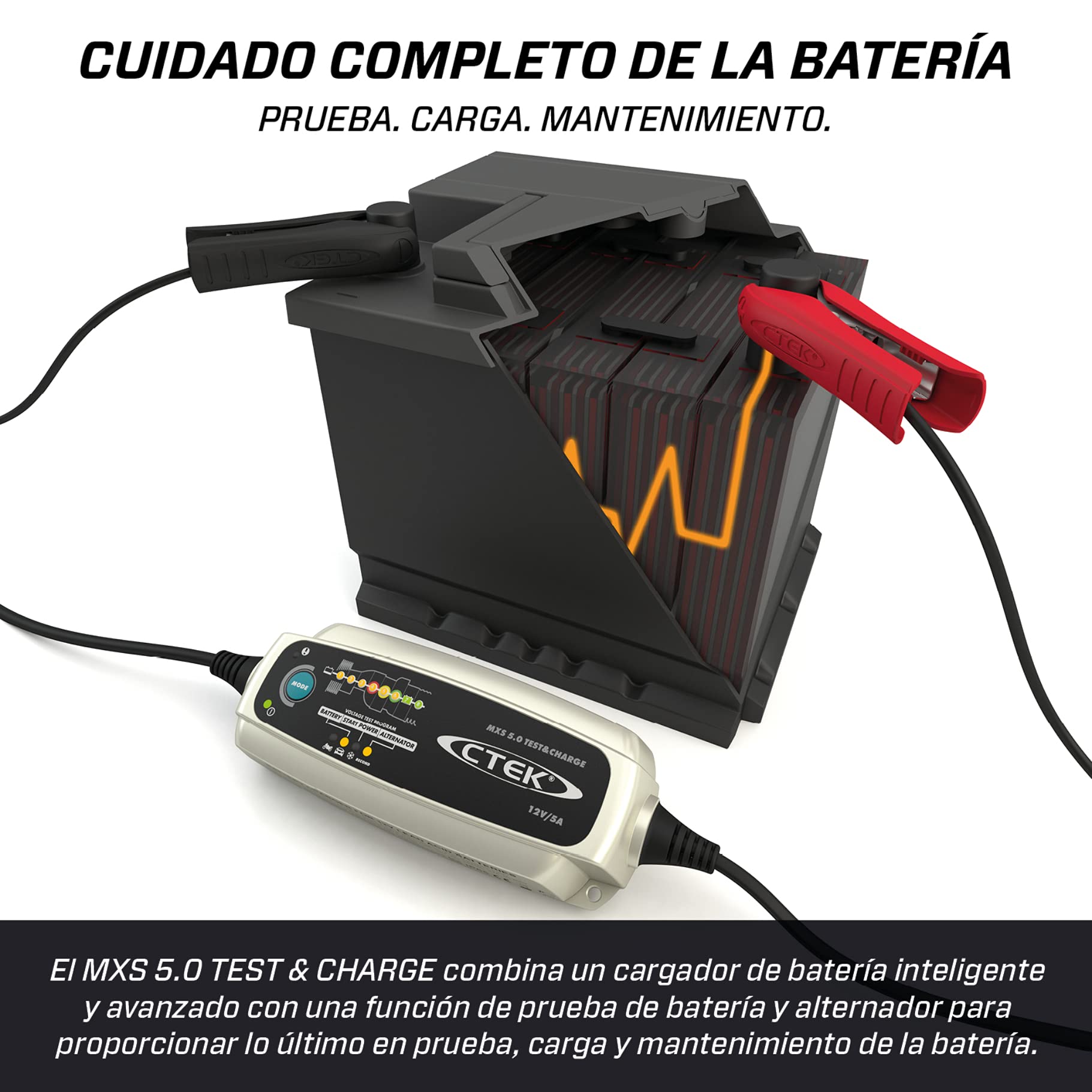 CTEK MXS 5.0 Test&Charge Cargador Batería 12V 5A,Mantenedor De Batería, Cargador De Batería De Coche Y Camion, Probador De Batería Y Alternador con Modo De Reacondicionamiento Y Modo De Copo De Nieve