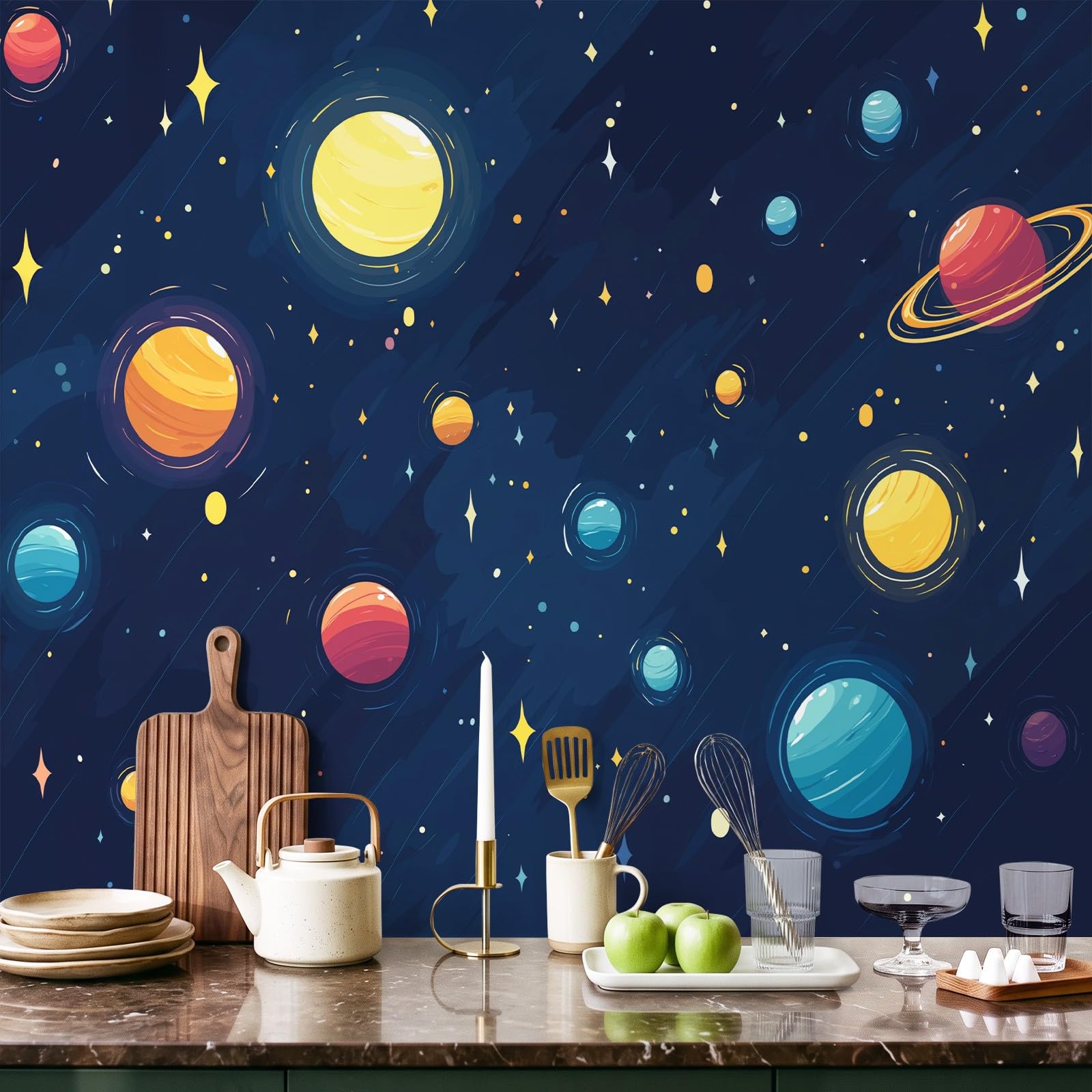 Générique Panoramiczna tapeta z niebieskim rysunkiem w gwiazdki o północy dziecka 300 x 210 cm (szer. x wys.) gigantyczny plakat ścienny, dekoracja ścienna premium, do salonu, pokoju dziecięcego i