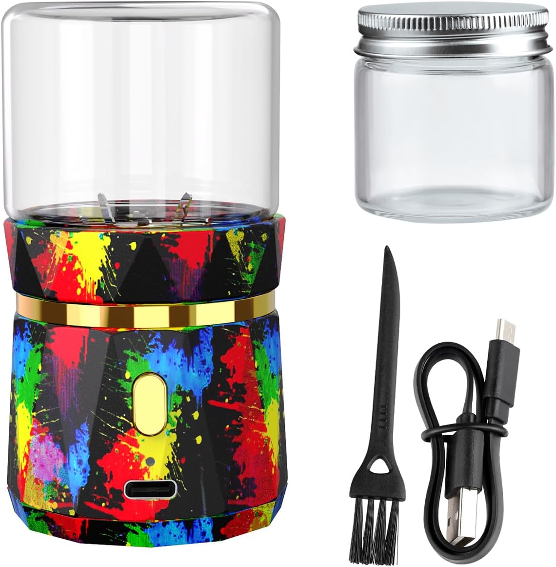 Electric Herb Grinder Portable Mini Spice Crusher Grinders with 2PCS 1.7oz/50ml Glass Jar Herb Chamber USB Rechargeable Automatic Herbal Grinder