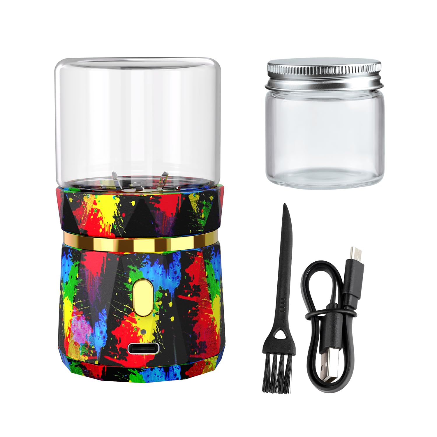 Electric Herb Grinder Portable Mini Spice Crusher Grinders with 2PCS 1.7oz/50ml Glass Jar Herb Chamber USB Rechargeable Automatic Herbal Grinder