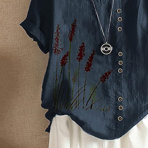 Miniatura 5 de Anjikang Camiseta de lino de algodón para mujer, talla grande, de manga corta, casual, floral