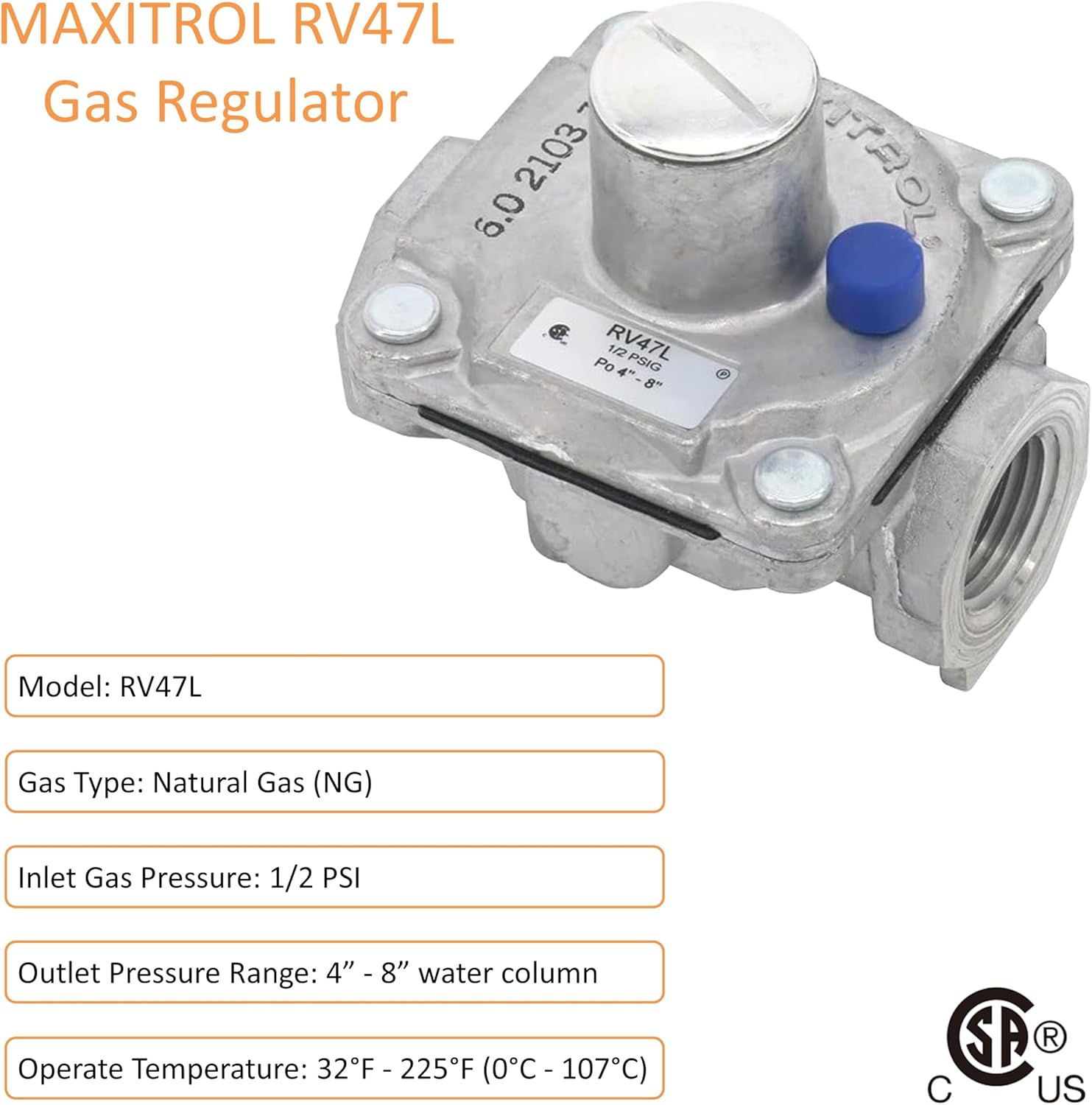 Maxitrol RV47L Natural Gas Pressure Regulator, 1/2" FPT Thread, 13/16" In and Out Opening, 1/2 PSIG In, 4" - 8" WC Out, for Awoco Gas Ranges