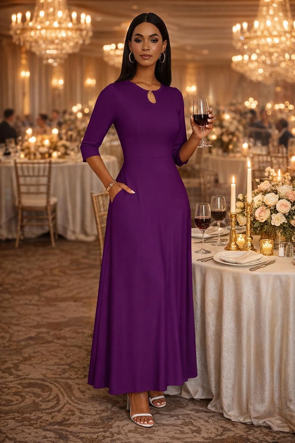 FANDEE Women's Maxi Dress Casual Boho Plain Long Dresses 3/4 Sleeve with Pockets - Image 5