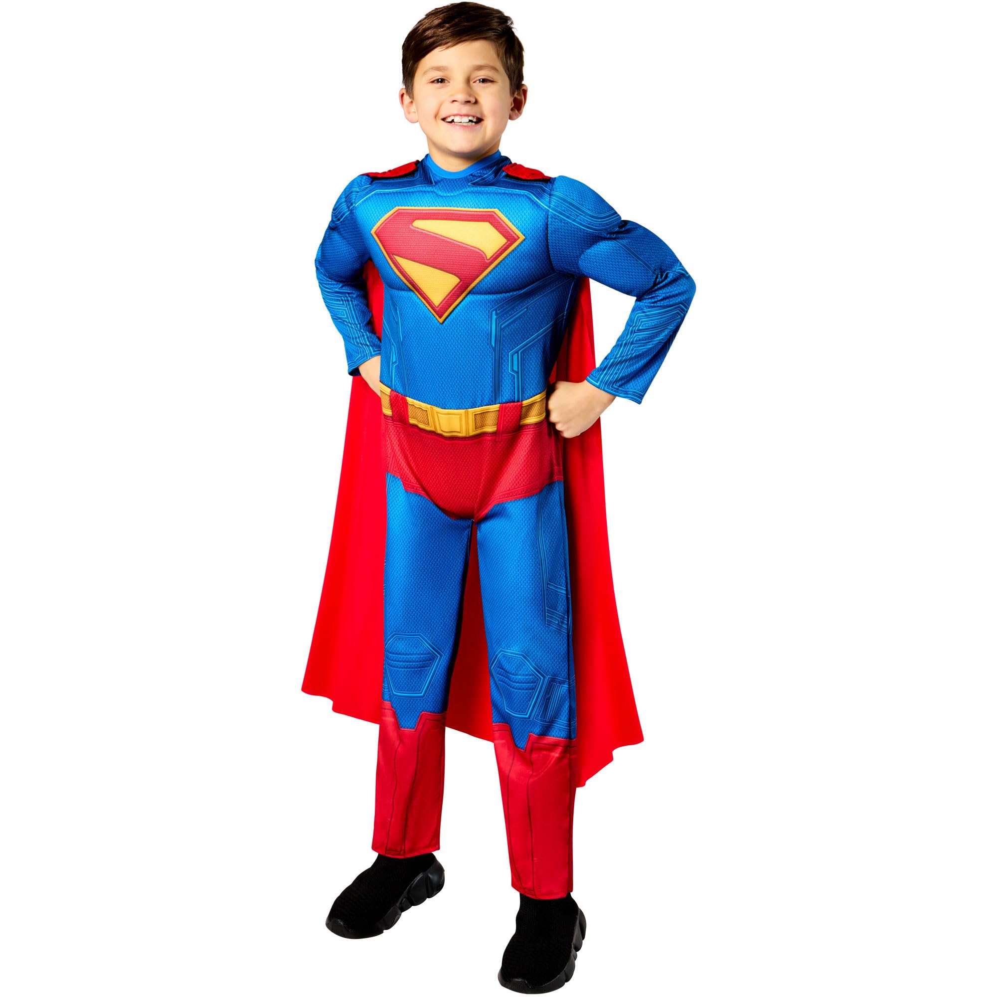 DC Superman Muscle Costume - Padded Jumpsuit with Cape - Blue - Age 9-10 Years