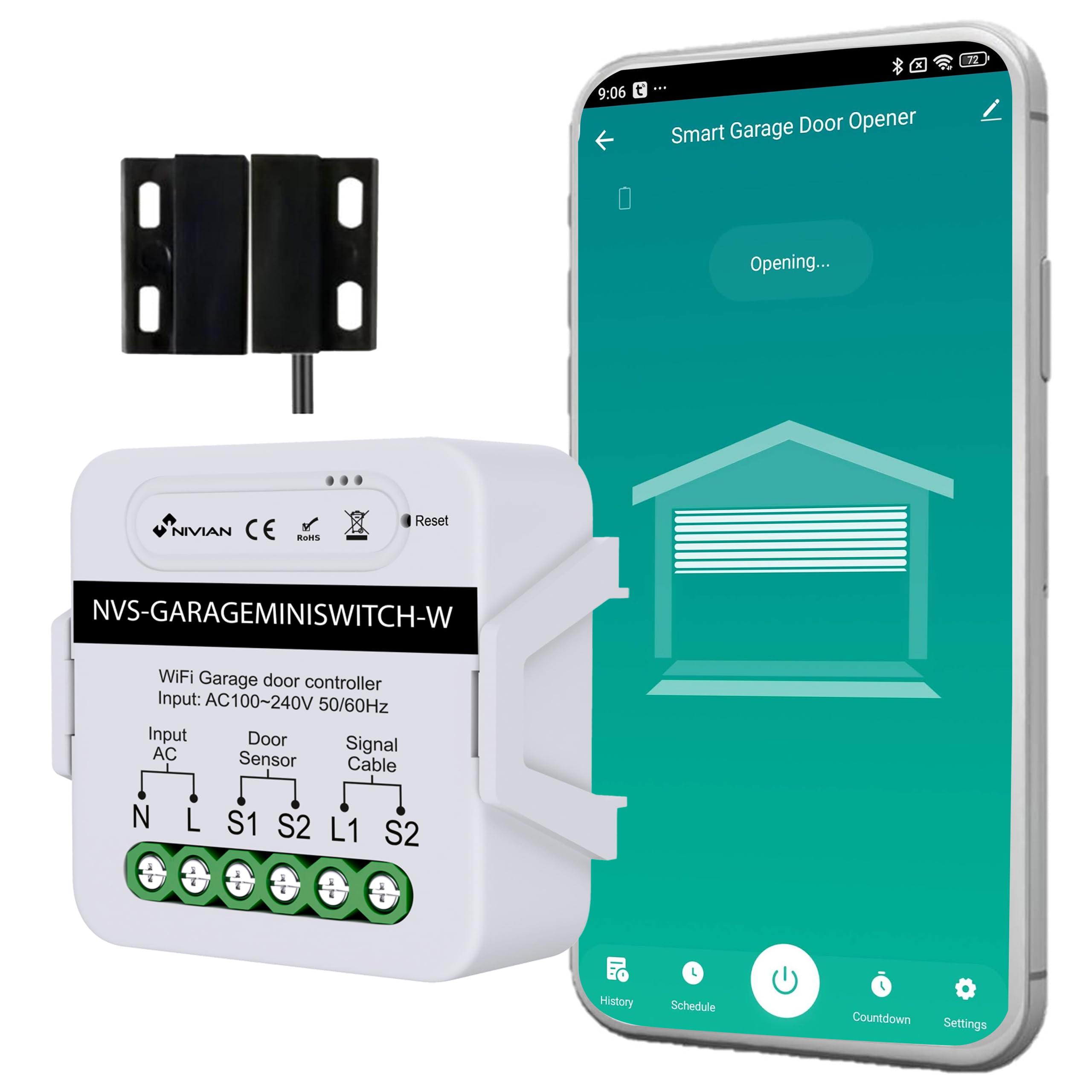 NIVIAN Garage Door Opener WiFi Smart Controller for Garage Door Motor by TUYA App. Scheduling, Timer, and Smart Scenes. Compatible with Alexa and Google Home.