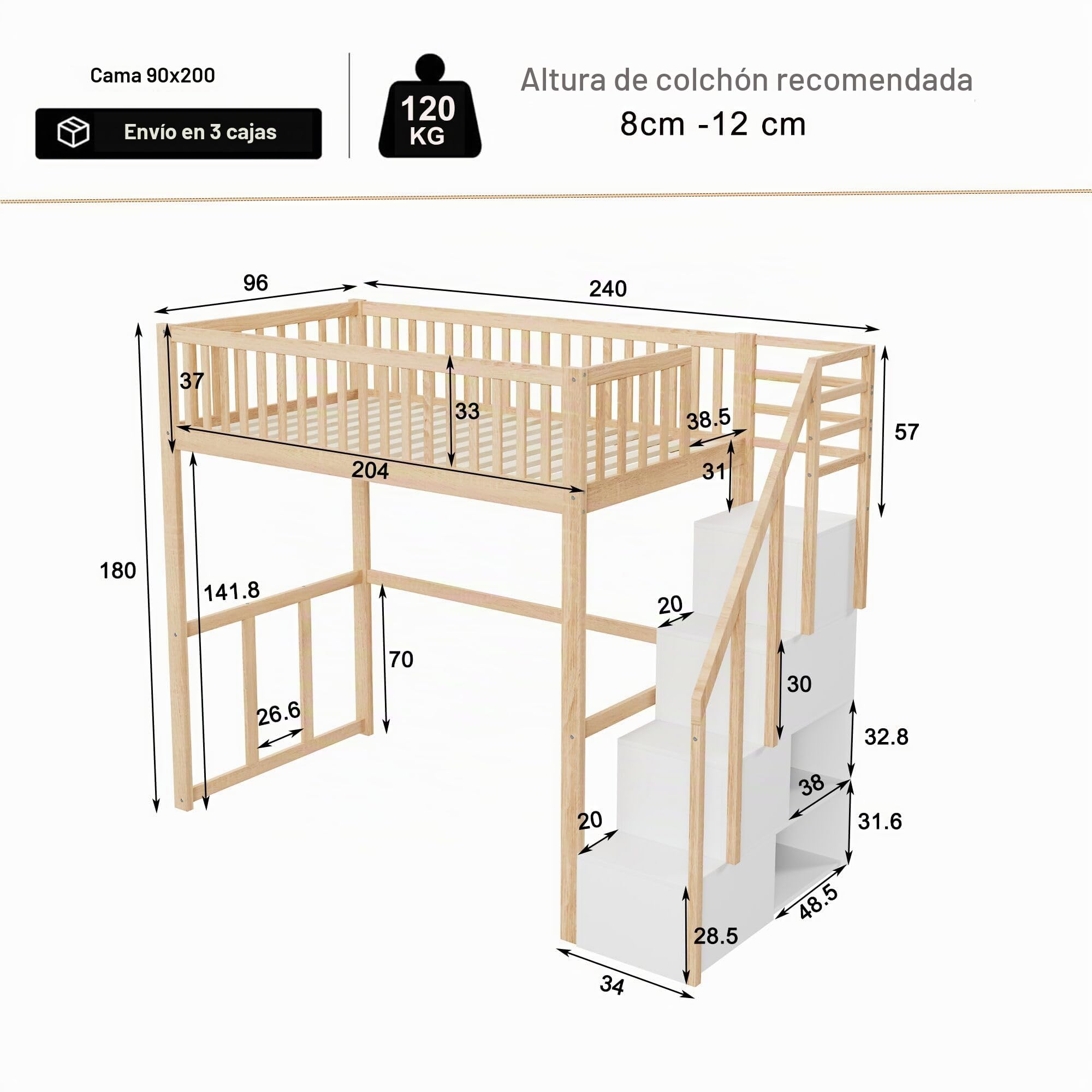 Soweiz Cama alta de 90 x 200 cm con escalera y espacio de almacenamiento, cama de madera con barandilla de seguridad, cama juvenil para niños y jóvenes, litera para dormitorio que ahorra espacio