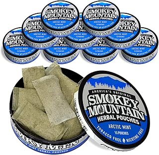 Smokey Mountain Pouches - Arctic Mint - Nicotine-Free and Tobacco-Free - 10 Cans - 15 Energy Pouches Per Can