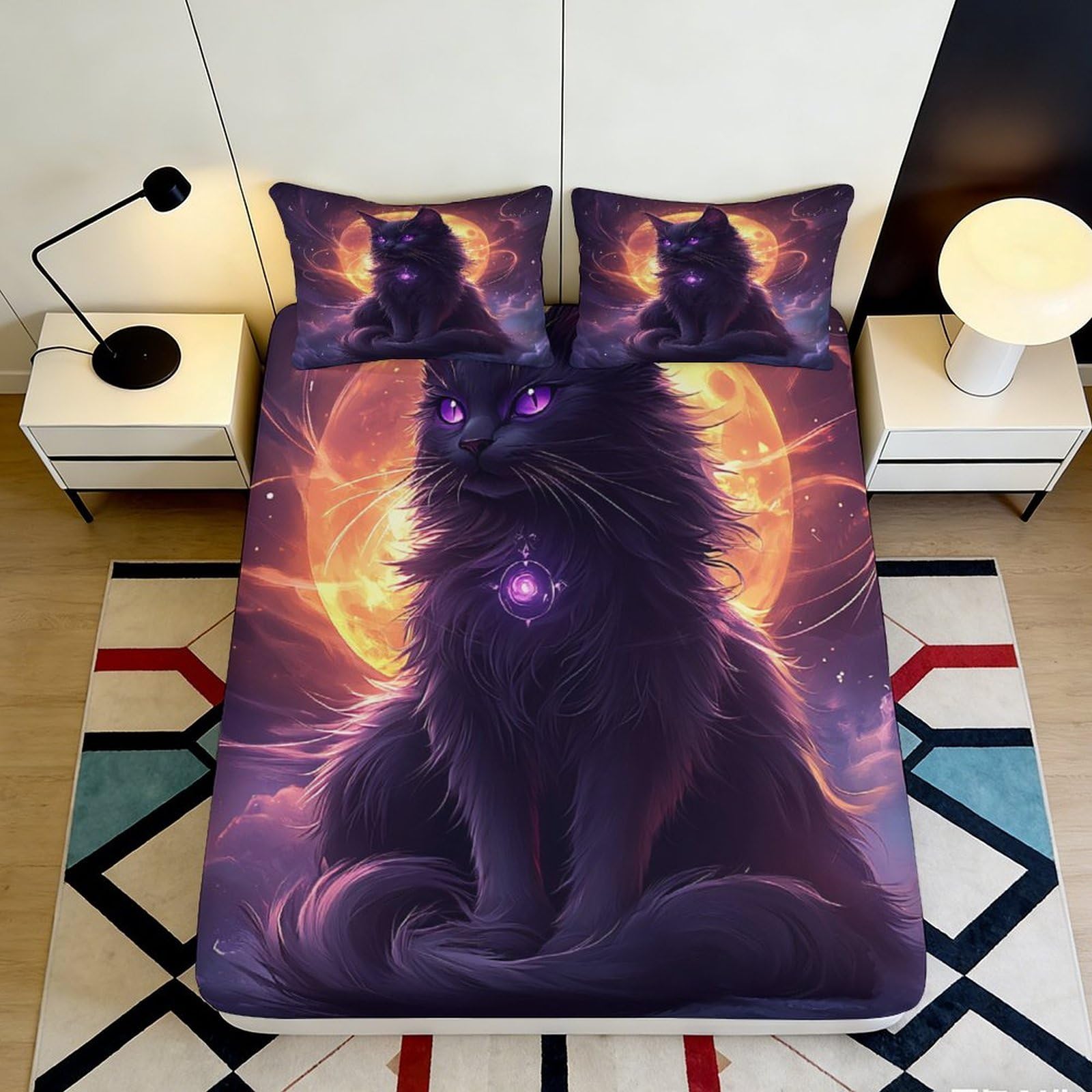 3D Printed Mystical Black Cat Fitted Sheet Microfiber Soft Breathable Fire Aura Mattress Cover Bedroom Decor 90x200x25cm