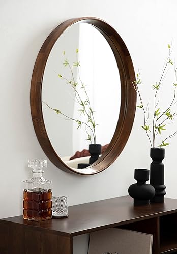Miniatura 3 de Kate and Laurel Prema - Espejo de pared circular redondo y suave para decoración mínima del hogar 24 pulgadas de diámetro color marrón nogal