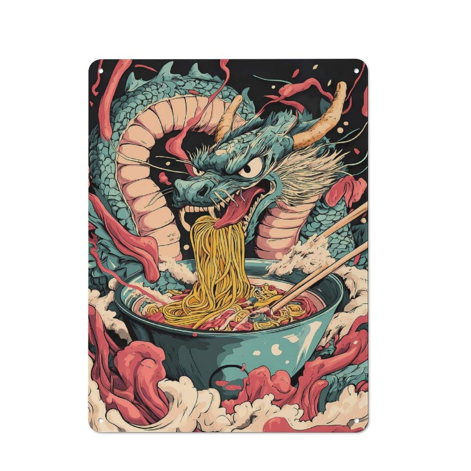 Rustic Vintage Metal Sign 40x30cm Featuring Dragon Eats Ramen Japan Noodle, Home Bar Decor for Cafe, Pub, Workshop Or Home Bar