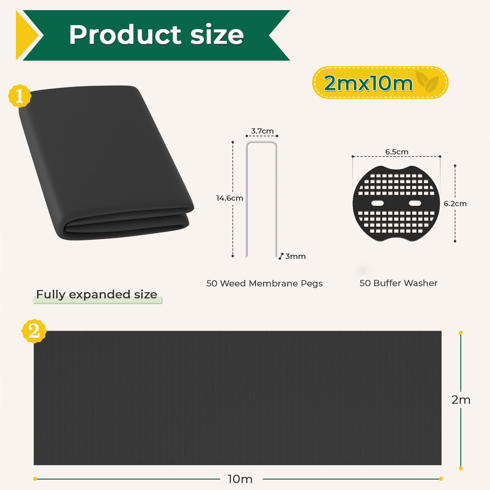 OUNUO Telo Pacciamatura 2m x10m, 100g/m² Tessuto Non Tessuto Anti Erbacce, con 50 Picchetti a U, Telo Anti Erbacce per Orto, Giardino, Tessuto Permeabile all'Acqu, Stabilizzazione UV, Nero