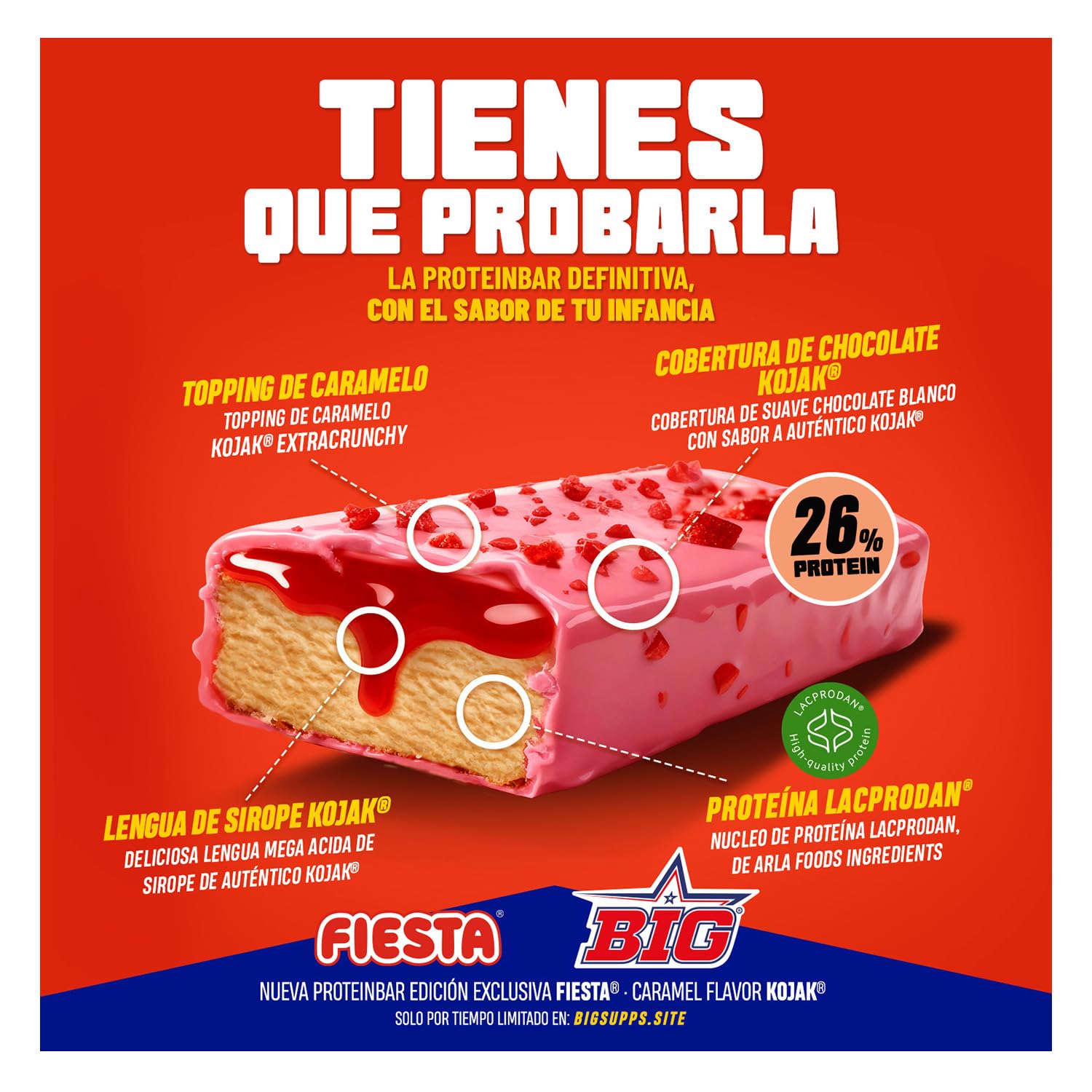 BIG - Fiesta Kojak Barritas Proteina 26gr de Proteina Caja 15 unidades con Toppings de Caramelo Sin Gluten y Sin Aceite de Palma para Recuperacion Muscular y Snack Saludable Post-Entreno